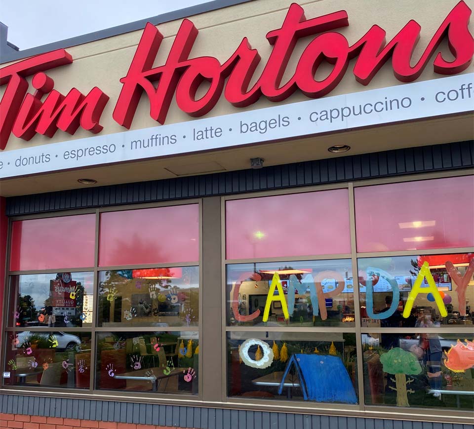 tim hortons store with camp day decorations